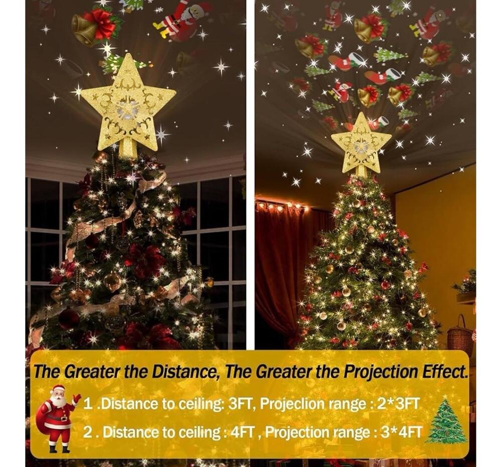 Christmas Tree Topper Lighted LED Star Snowflake Projector Rotating Lamp Gold